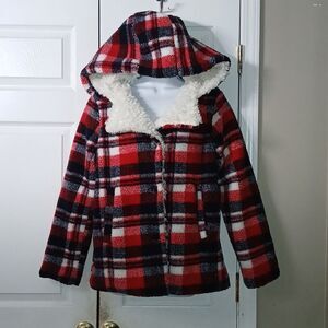 Steve Madden Red Navy Plaid Fleece Faux Fur Sherpa Lined Hooded Coat Sz S NWOT